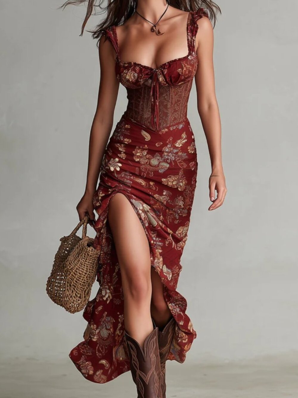 Boho Floral Maxi Dress with Boned Bodice – Size S